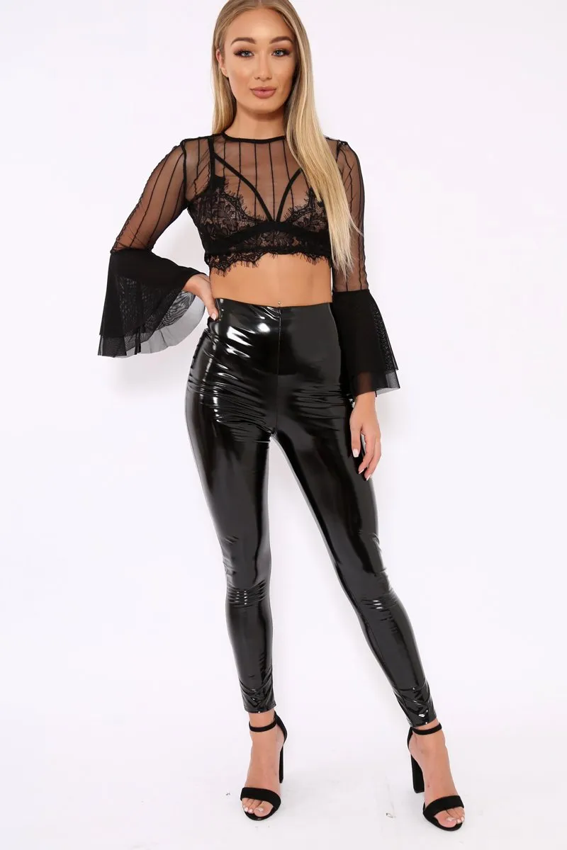 Black Striped Sheer Crop Top with Flare Sleeves - Kaisey