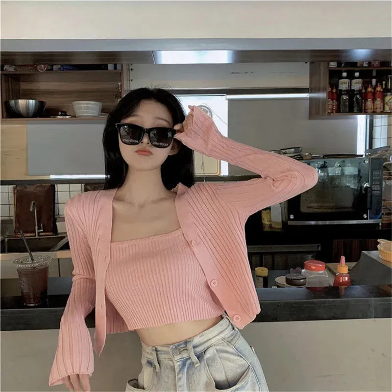 Bonnyshow Korean Style Two Piece Set Cardigan Women Sexy Autumn Candy Color Long Sleeve Ribbed Knitted Cropped Sweater and Matching Vest