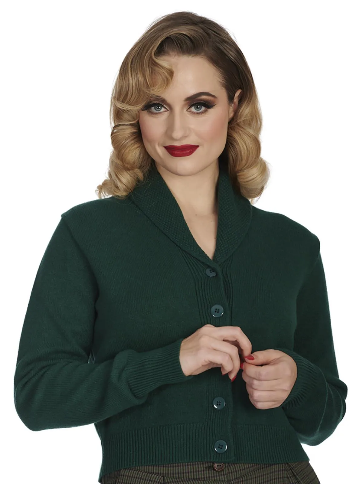 Bottle Green Shawl Collar Vintage Look Cardigan