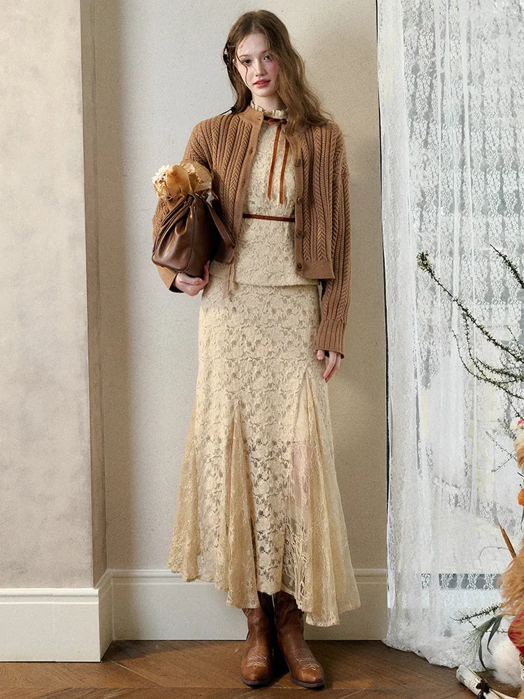 Brown Fuzzy Lace Shirt Dress