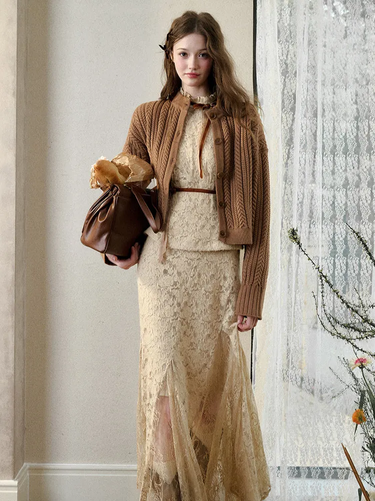 Brown Fuzzy Lace Shirt Dress