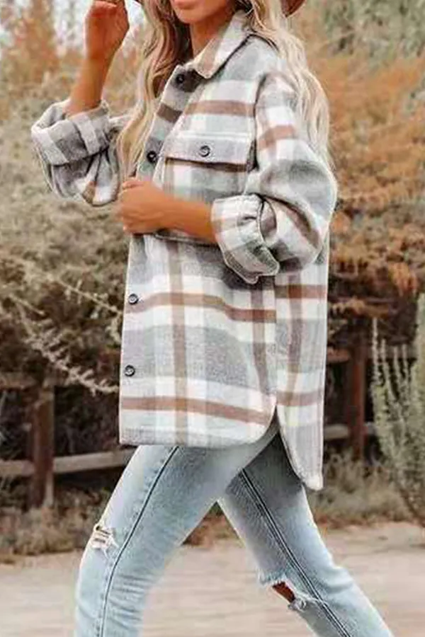 Casual Plaid Pocket Buckle Turndown Collar Outerwear(8 Colors)