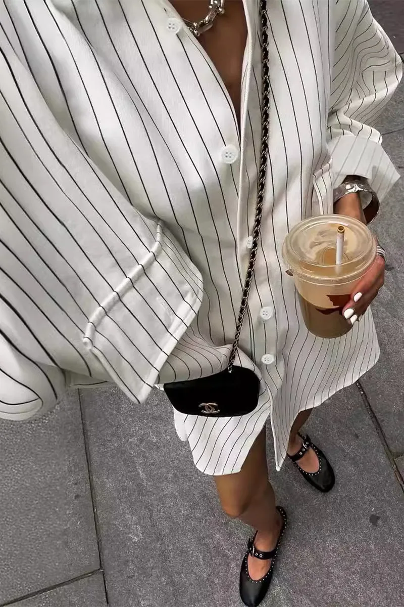 Casual Striped Print Pocket Turndown Collar Blouses