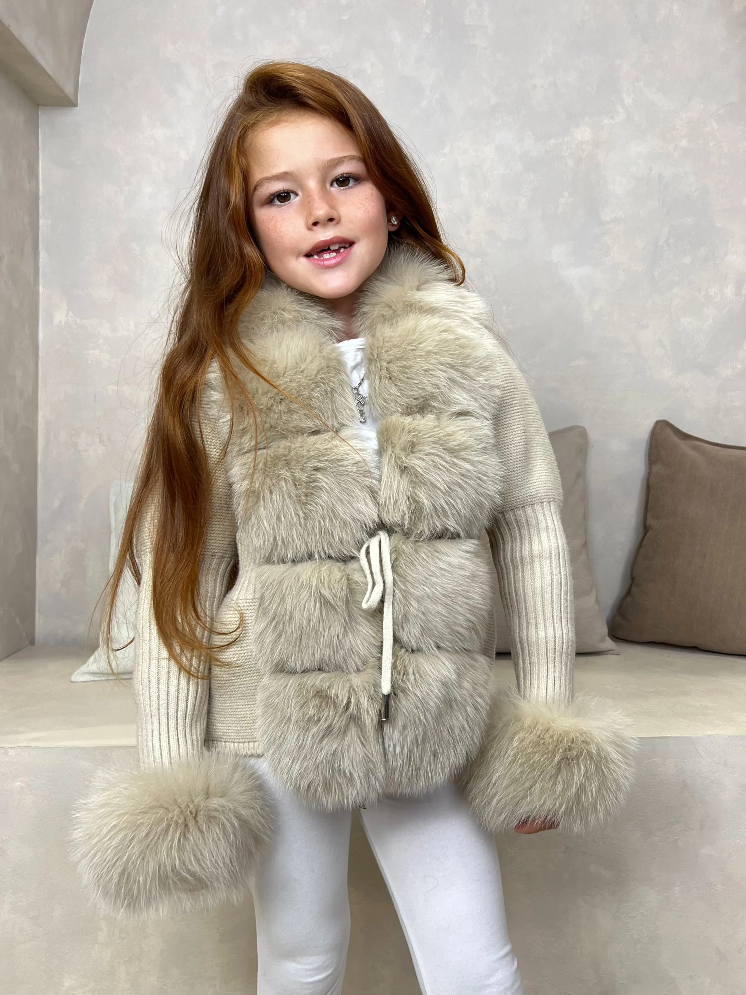 Childrens Beige Luxury Fur Cardigan