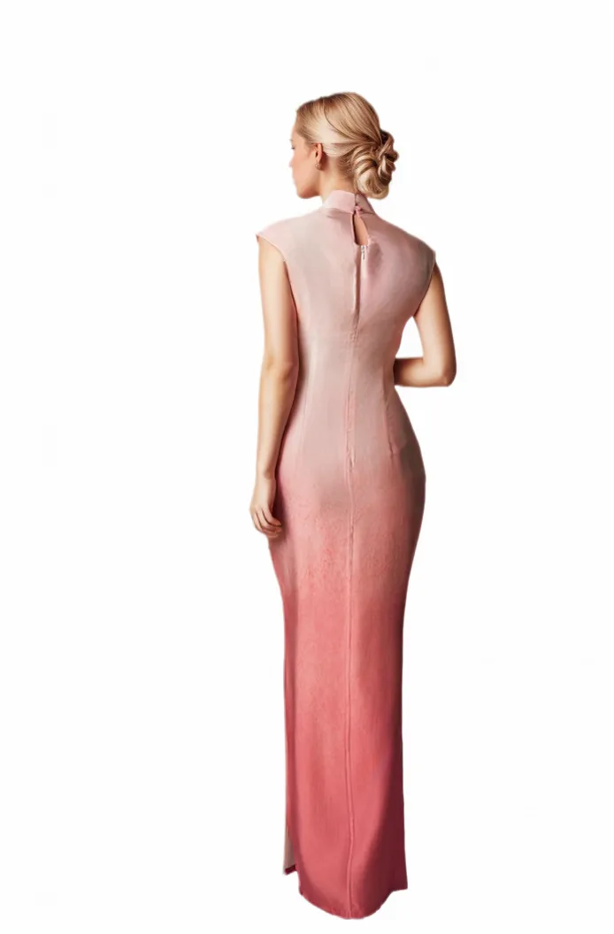 Chong Er Gradient Sunset Pink Beaded Hollow-out Satin Long Cheongsam Gown