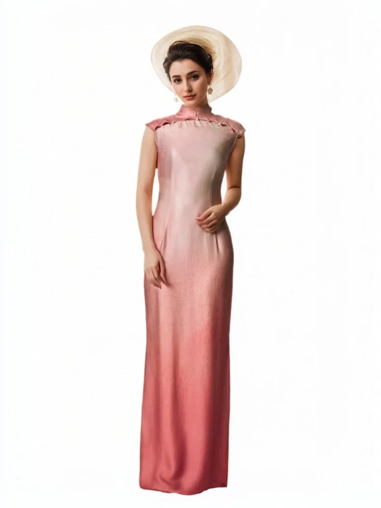 Chong Er Gradient Sunset Pink Beaded Hollow-out Satin Long Cheongsam Gown