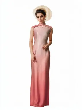 Chong Er Gradient Sunset Pink Beaded Hollow-out Satin Long Cheongsam Gown