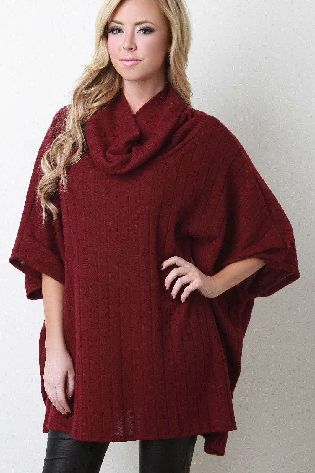 Cowl Neck Ribbed Fleece Poncho Top