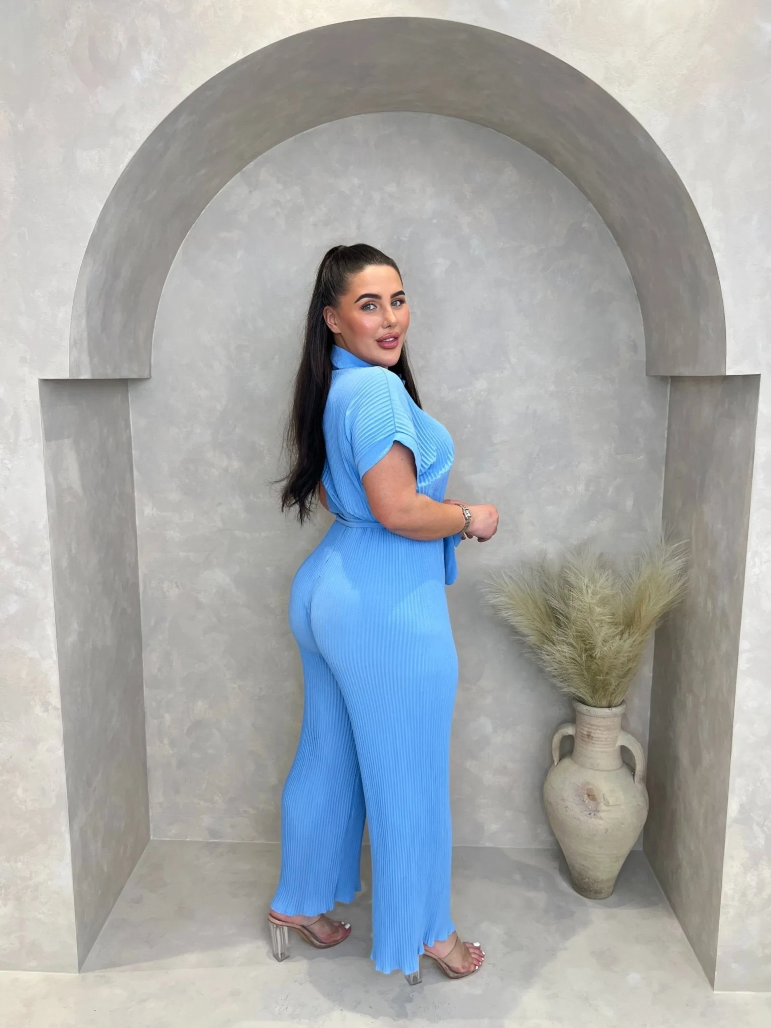 Curve Baby Blue Ribbed Effect Belted Jumpsuit