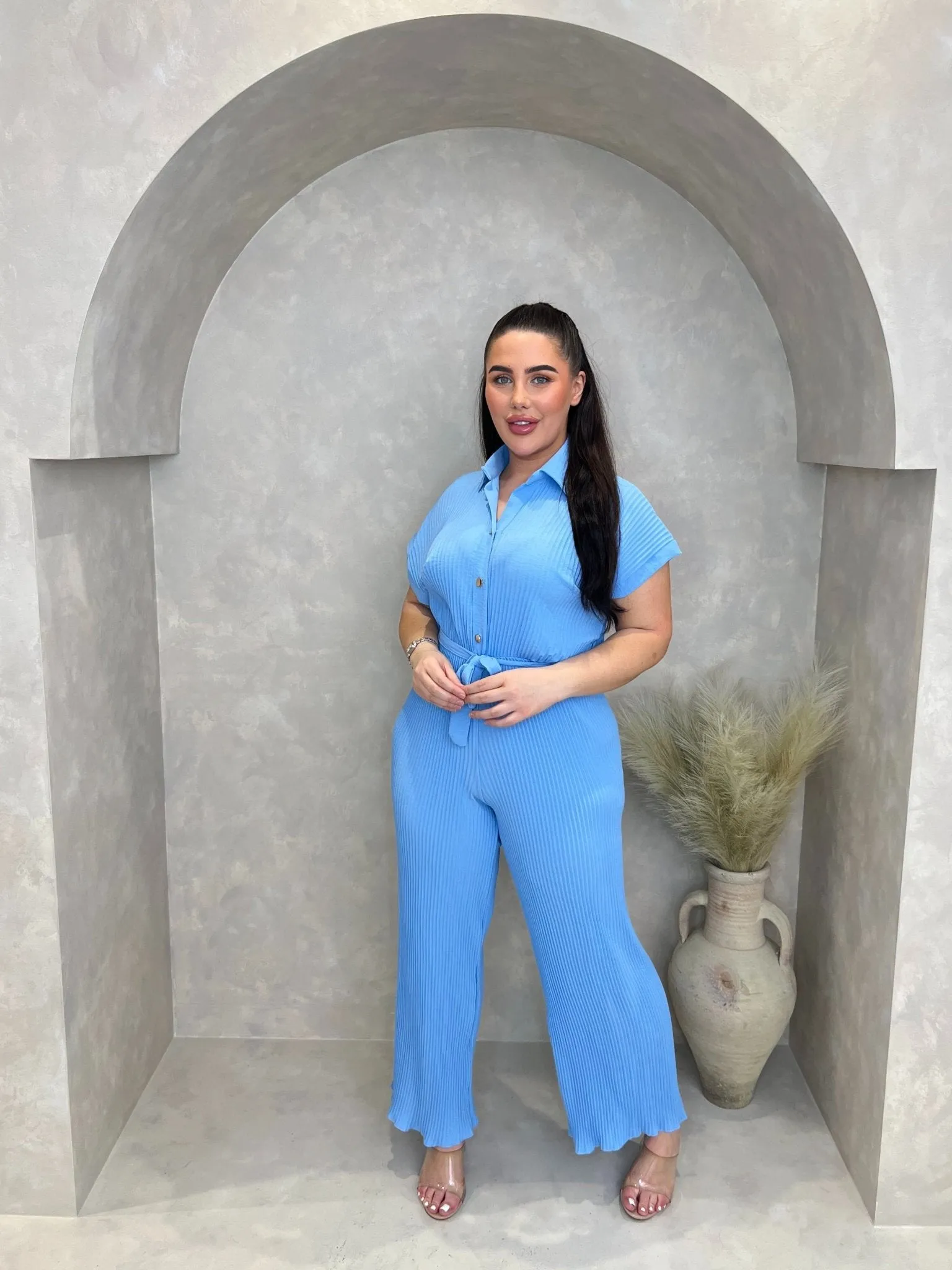 Curve Baby Blue Ribbed Effect Belted Jumpsuit