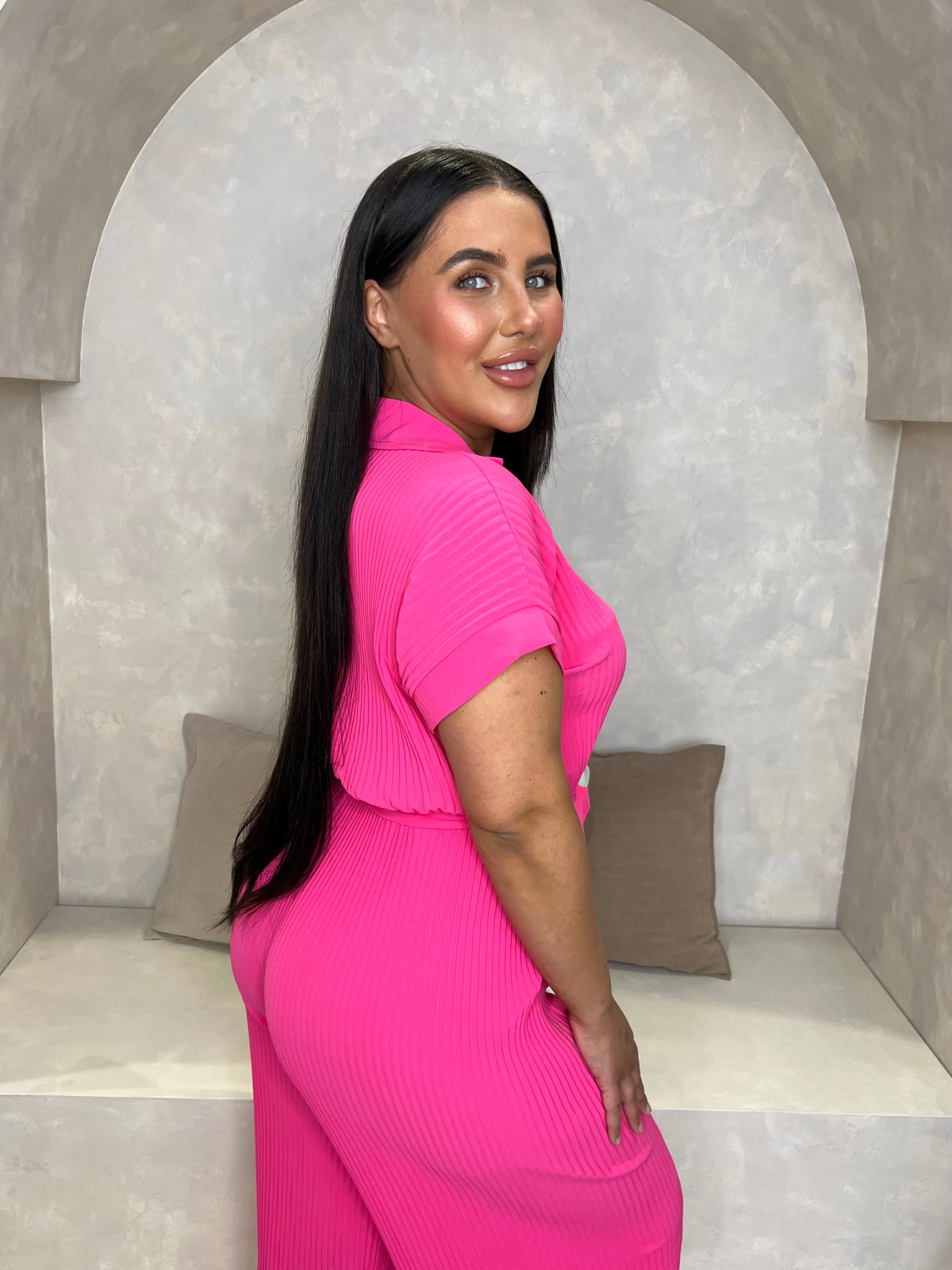 Curve Pink Ribbed Effect Belted Jumpsuit