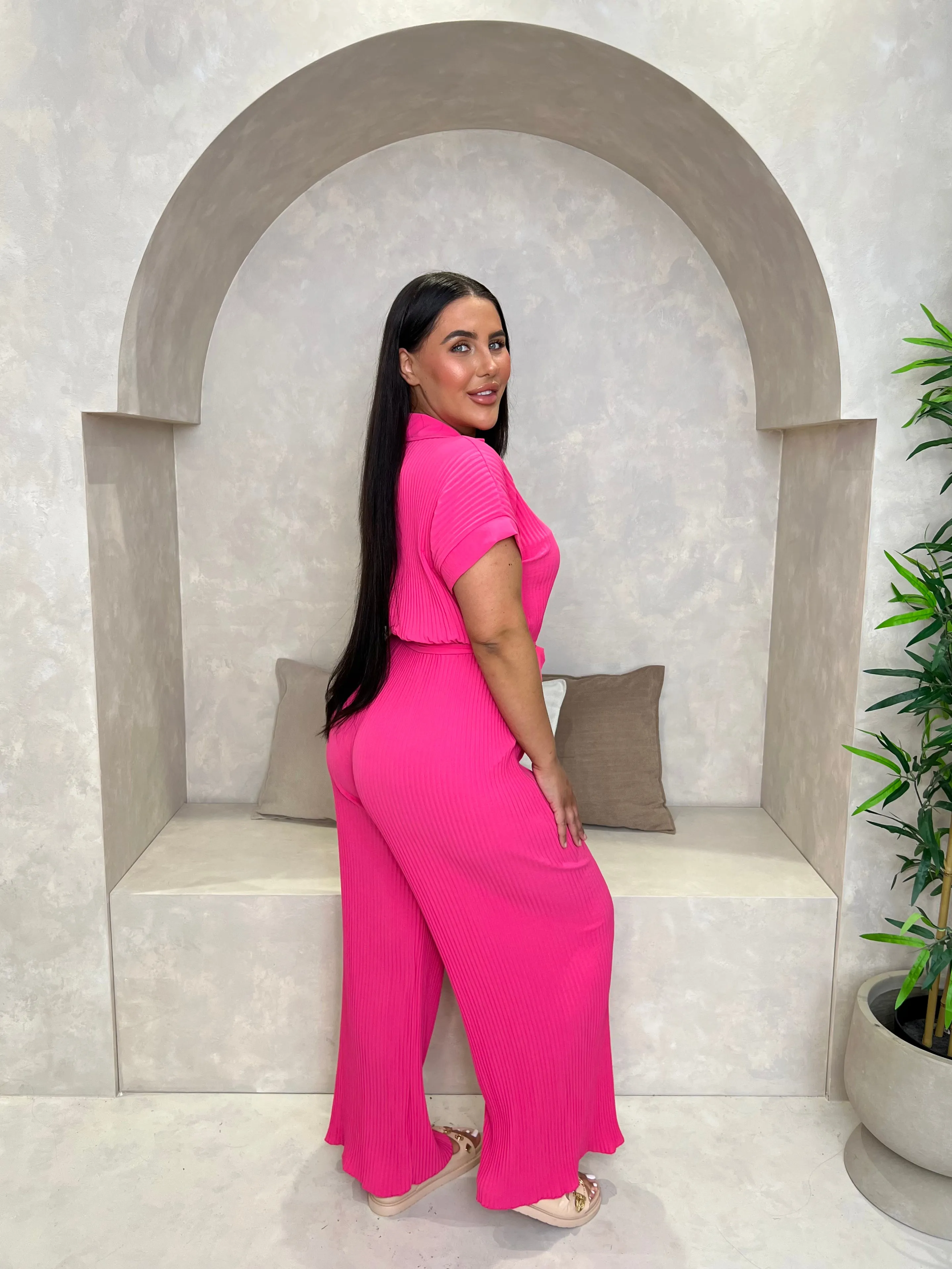 Curve Pink Ribbed Effect Belted Jumpsuit