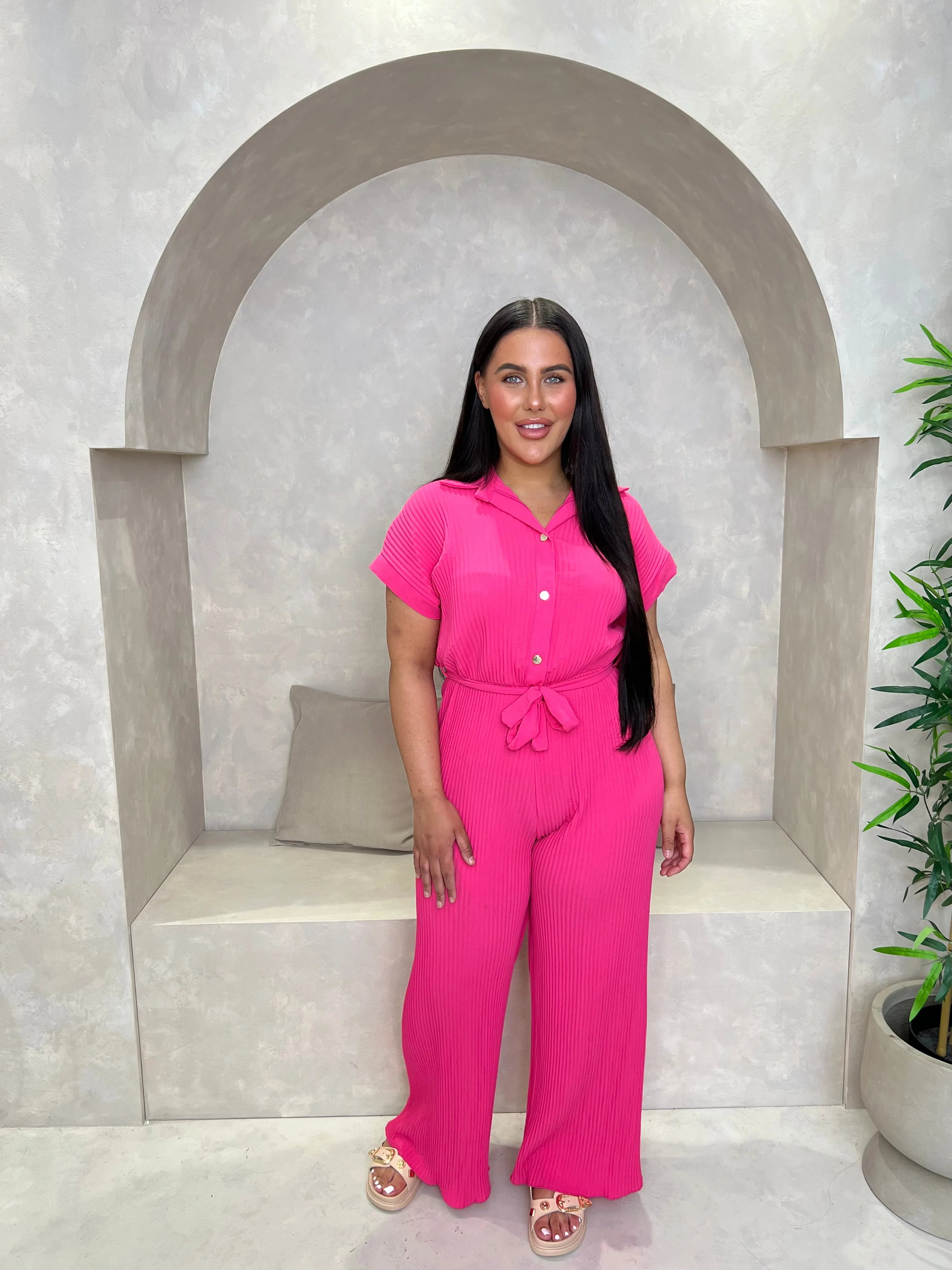 Curve Pink Ribbed Effect Belted Jumpsuit