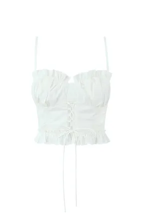 Cute Ruched Bustier Spaghetti Strap Lace Up Bow Tie Ruffled Crop Tank Top