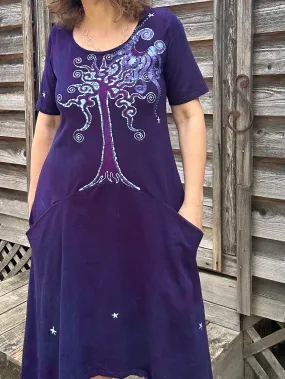 Dark Blue Long Tree Short Sleeve Batik Dress With Pockets - Size Medium