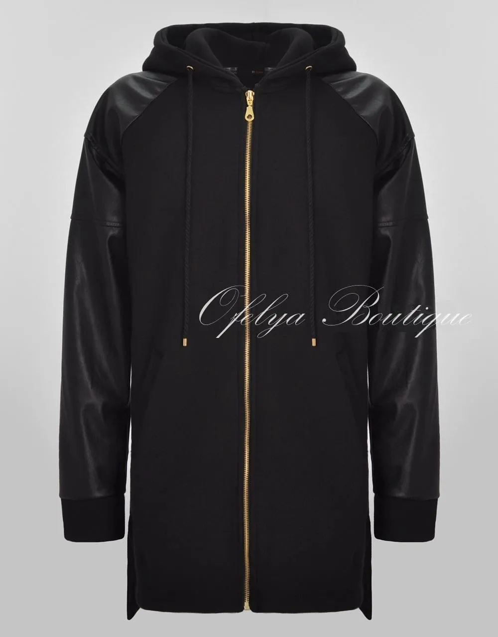 Dark Faux Leather Sleeve Extended Cotton Full Front Zip Jersey Fleece Hooded Hoodie