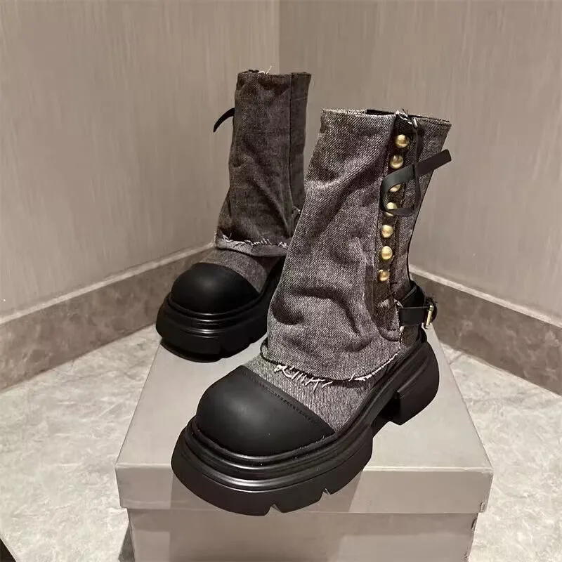 Design Pants Boots Women  Autumn and Winter Niche Korean Style Doll Head Muffin Cowboy Boot Fashion Short Boots Smoke Pipe Boots