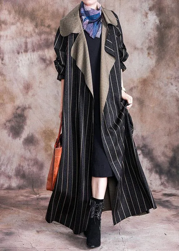 Elegant plus size long fall coat black striped Notched large hem wool overcoat