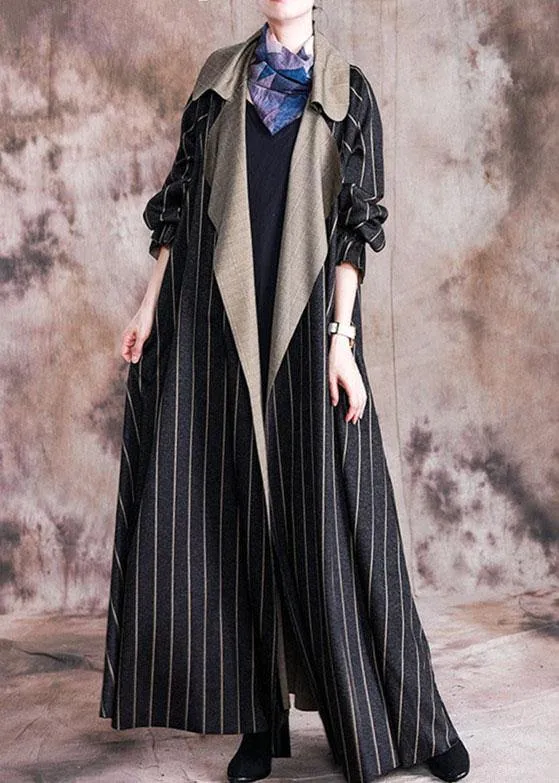 Elegant plus size long fall coat black striped Notched large hem wool overcoat