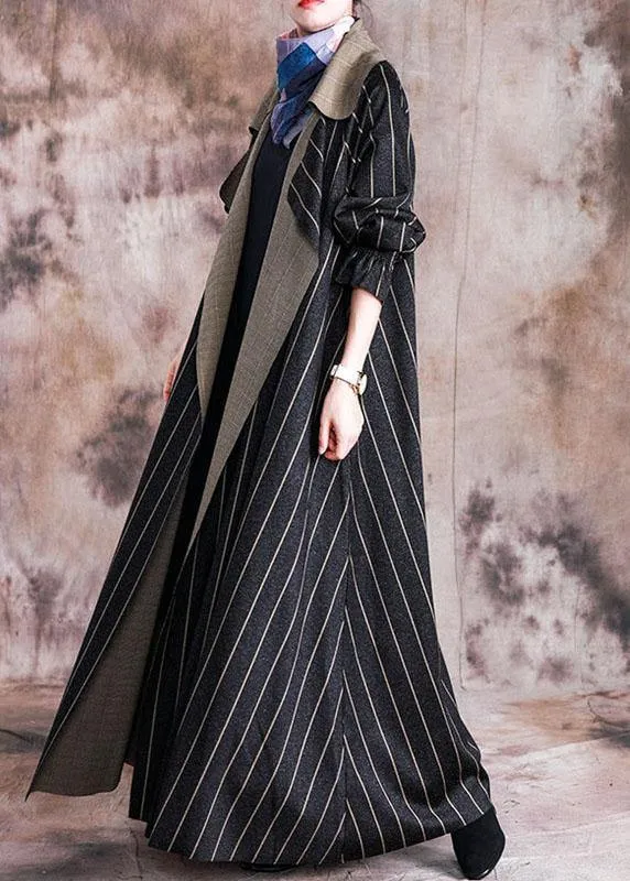 Elegant plus size long fall coat black striped Notched large hem wool overcoat