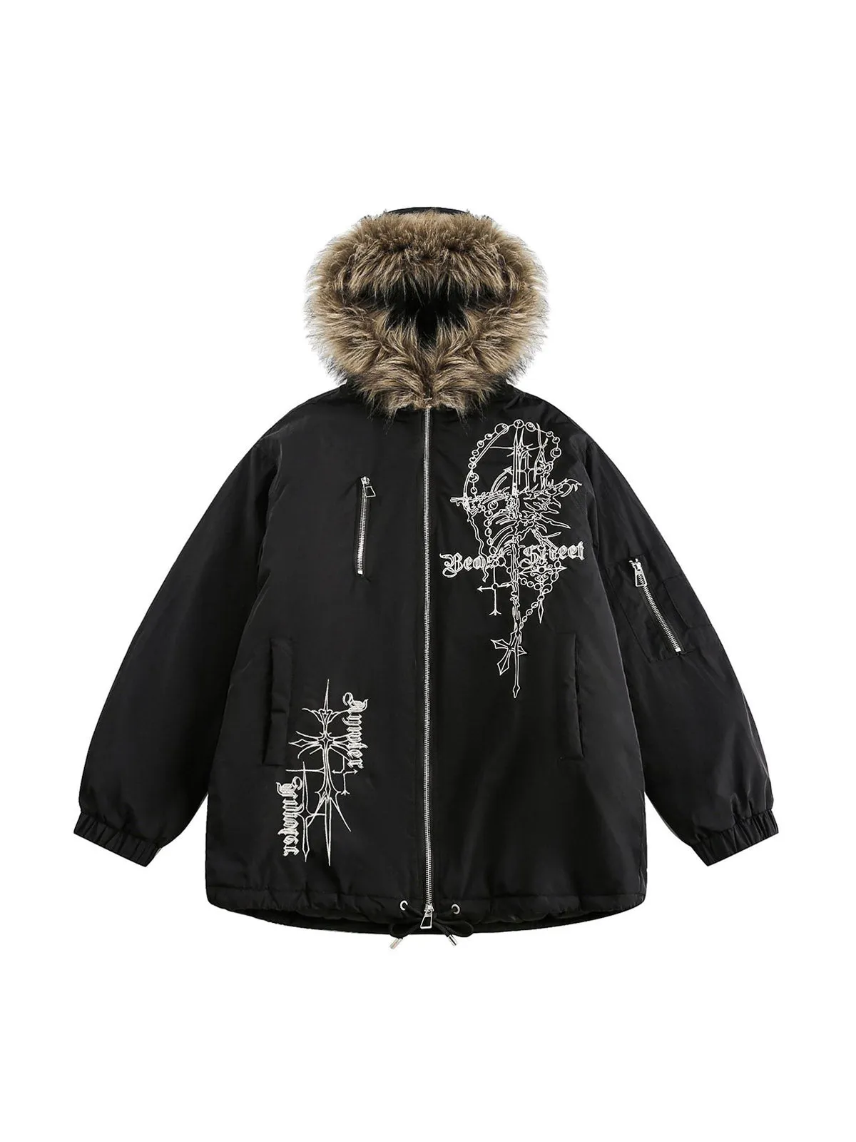 Embroidered Fur Hooded Quilted Jacket