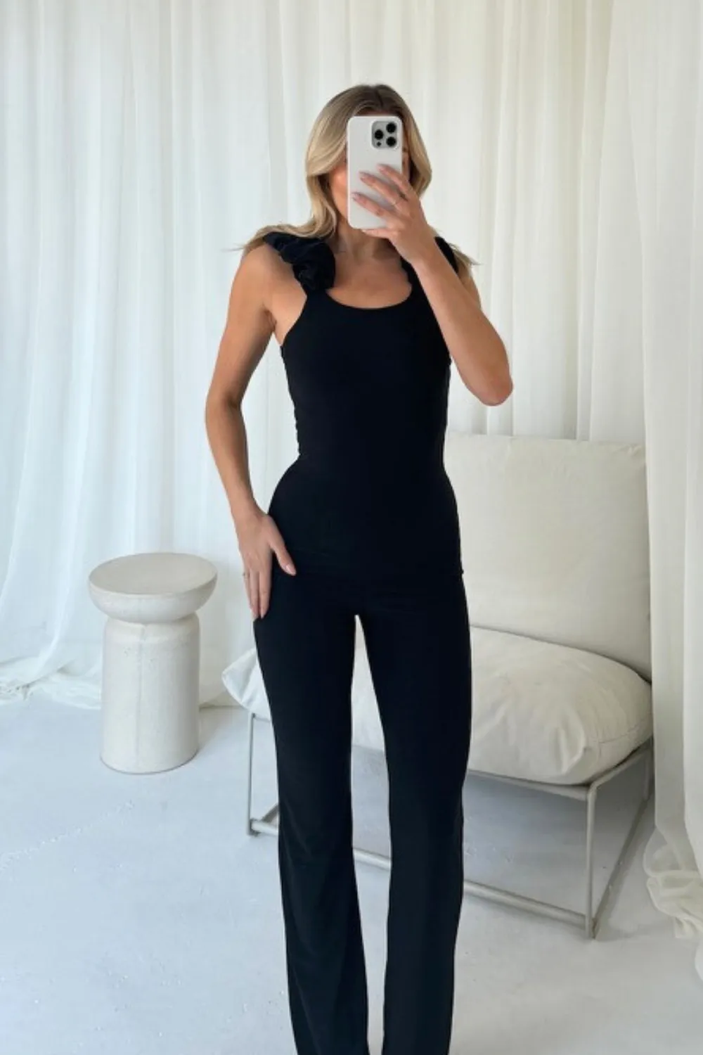 Esme black ruched strap vest and flared pants co-ord