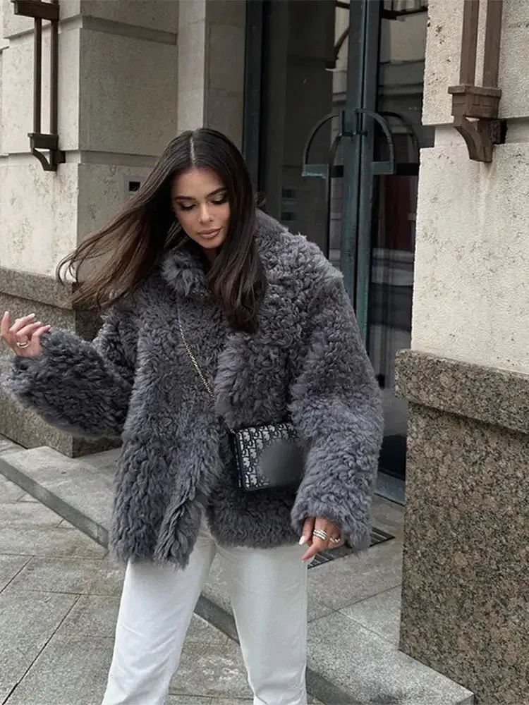 Fashionkova Elegant Grey Thicken Faux Fur V Neck Coat Women Fashion Long Sleeve Plush Warm Cardigan Jacket 2024 New Female High Streetwear