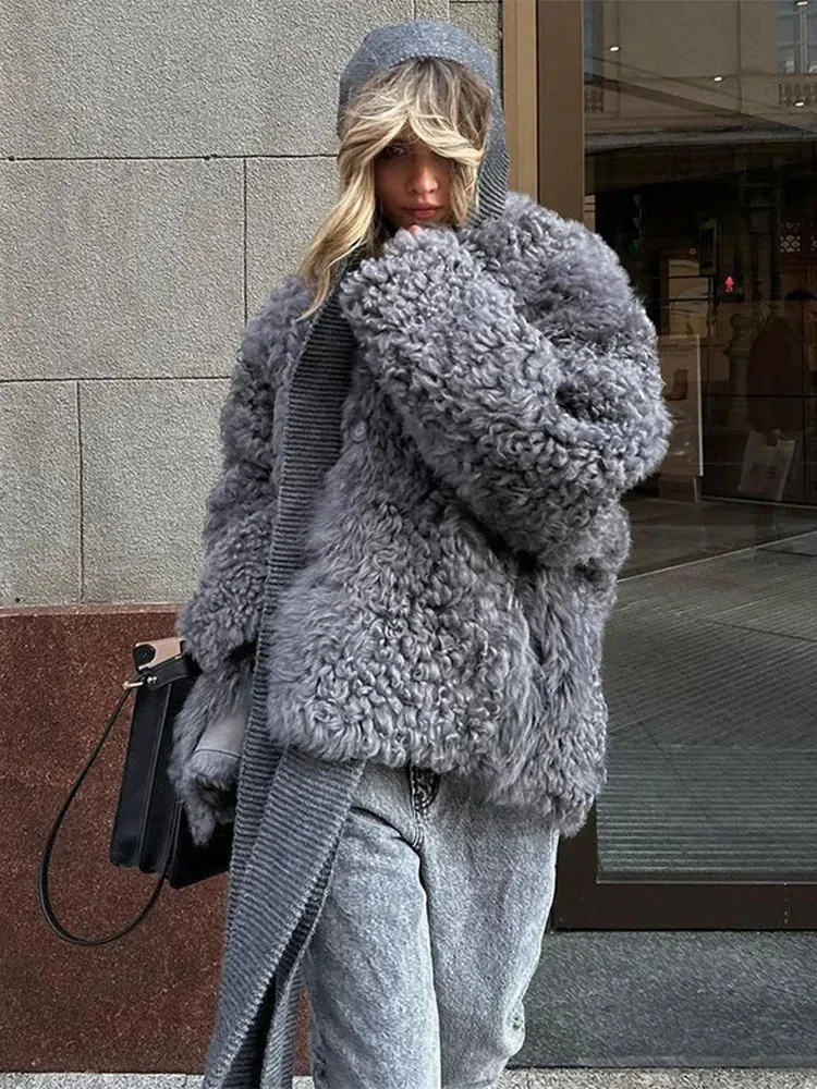 Fashionkova Elegant Grey Thicken Faux Fur V Neck Coat Women Fashion Long Sleeve Plush Warm Cardigan Jacket 2024 New Female High Streetwear