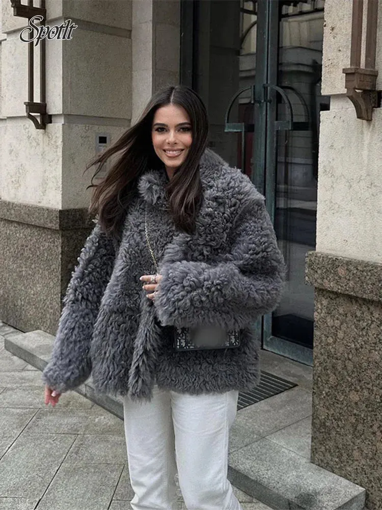 Fashionkova Elegant Grey Thicken Faux Fur V Neck Coat Women Fashion Long Sleeve Plush Warm Cardigan Jacket 2024 New Female High Streetwear