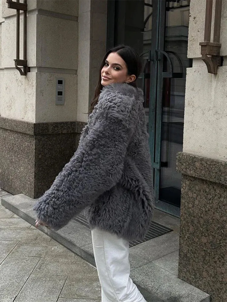 Fashionkova Elegant Grey Thicken Faux Fur V Neck Coat Women Fashion Long Sleeve Plush Warm Cardigan Jacket 2024 New Female High Streetwear