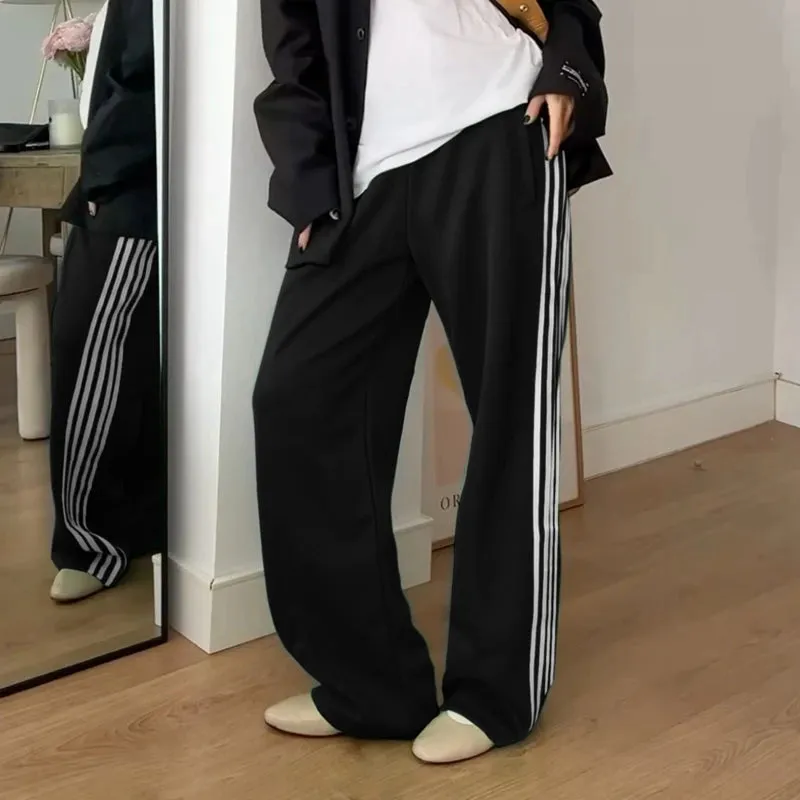 Flytonn-Casual Elastic Waist Drawstring Straight Trousers Women Sporty Striped Wide Leg Pants Sweatpants with Pockets Streetwear