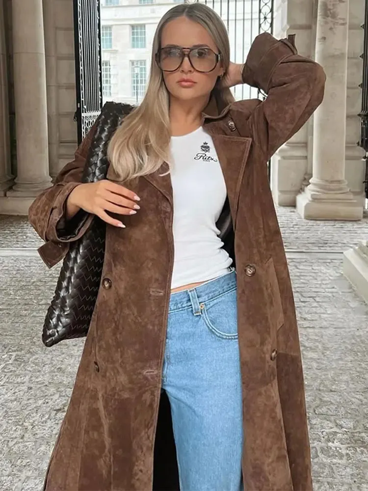 Flytonn-Elegant Suede Belt Long Windbreaker Coat Women Fashion Double Button Lapel Oversized Overcoat 2024 Autumn Lady High Streetwear