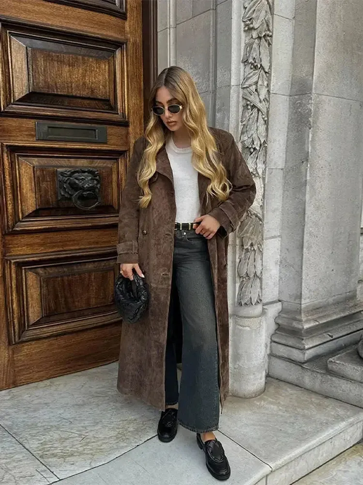 Flytonn-Elegant Suede Belt Long Windbreaker Coat Women Fashion Double Button Lapel Oversized Overcoat 2024 Autumn Lady High Streetwear