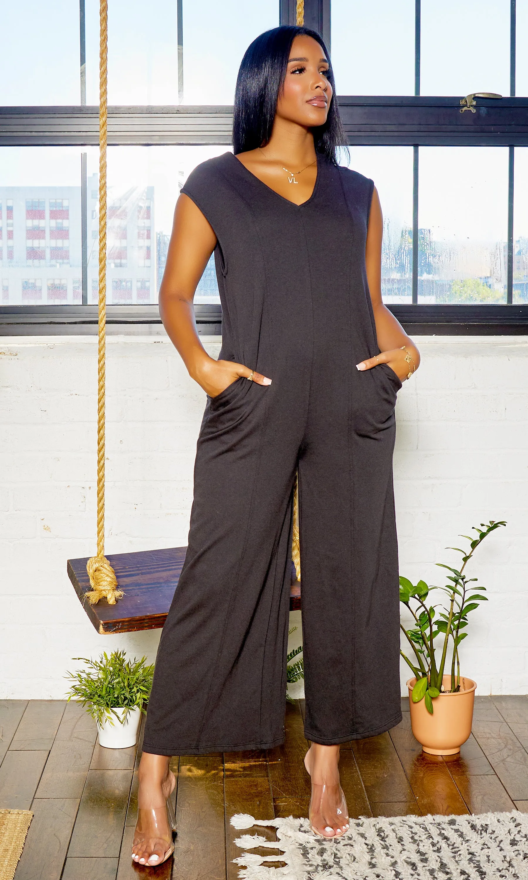 French Terry V Neck Wide Leg Jumpsuit - Black