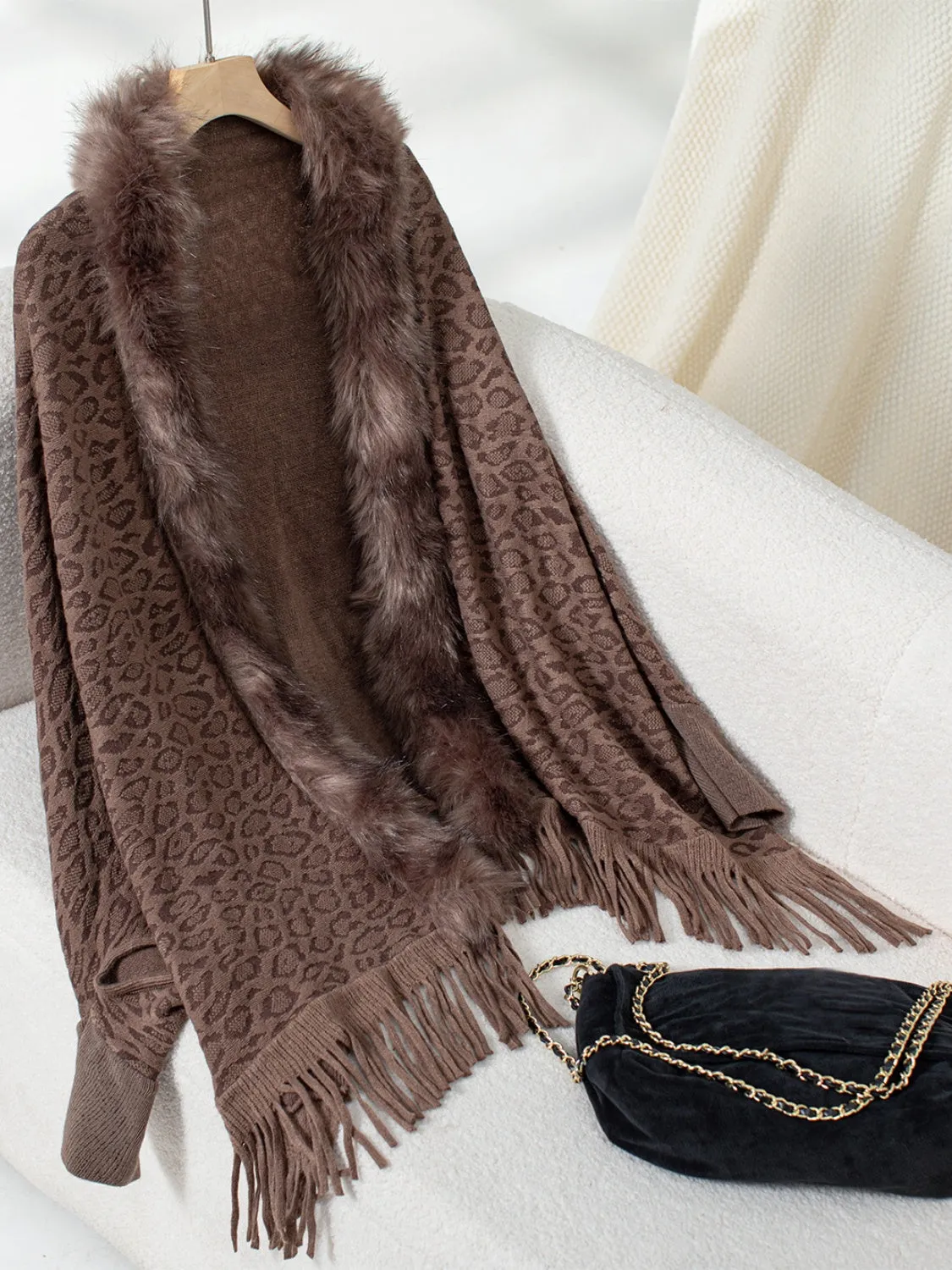 Fringe Leopard Open Front Long Sleeve Poncho