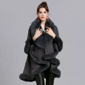 Fur Shawl And Fur Collar Knitted Cardigan Shawl Cloak