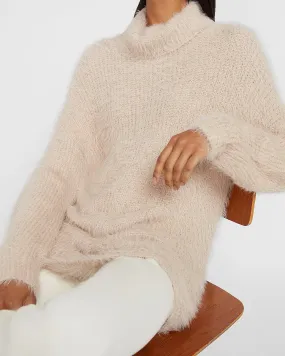 Fuzzy Faux Fur Cowl Neck Sweater in Oyster