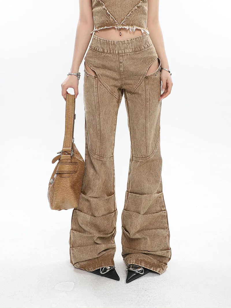 Giana Brown Washed Heart Shape Old Vintage Denim Tank Top   Pleated Flared Pants Matching Set