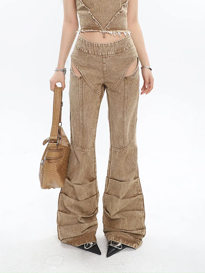 Giana Brown Washed Heart Shape Old Vintage Denim Tank Top   Pleated Flared Pants Matching Set