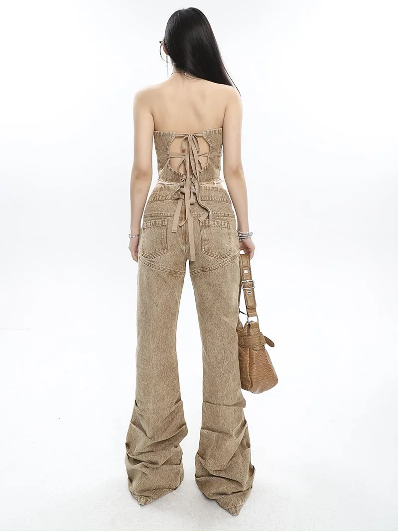 Giana Brown Washed Heart Shape Old Vintage Denim Tank Top   Pleated Flared Pants Matching Set