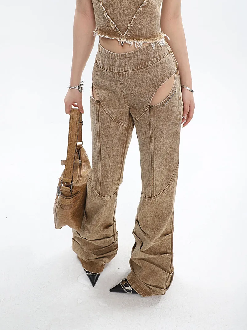 Giana Brown Washed Heart Shape Old Vintage Denim Tank Top   Pleated Flared Pants Matching Set