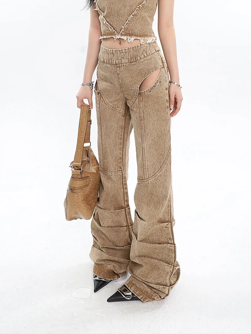 Giana Brown Washed Heart Shape Old Vintage Denim Tank Top   Pleated Flared Pants Matching Set