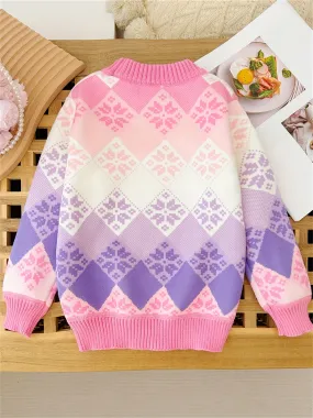 Gradient Color Argyle Knit Sweater For Girls, Crew Neck Pullover Tops, Girl's Clothing For Fall/ Winter