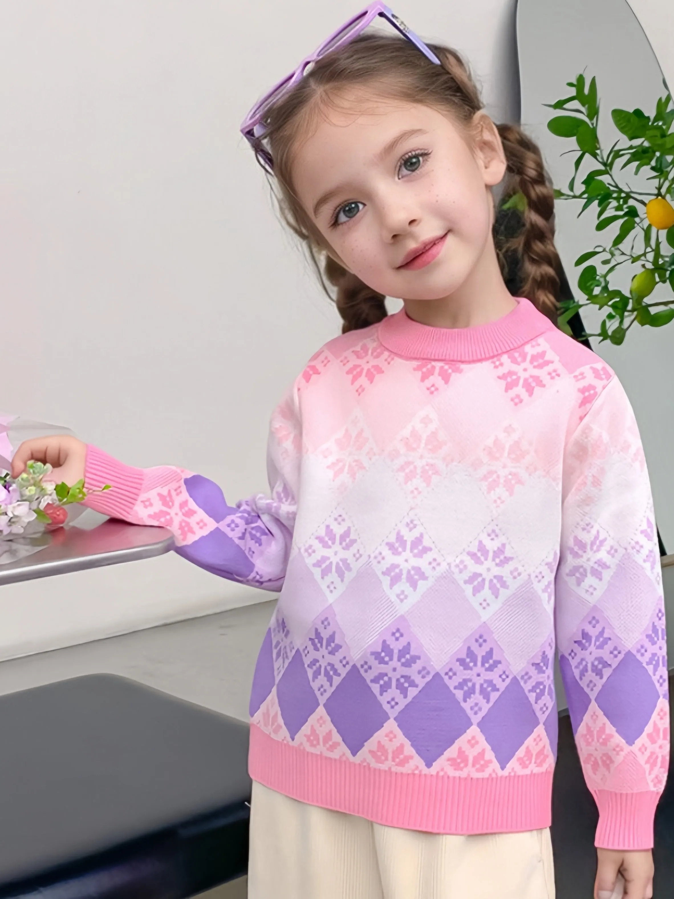 Gradient Color Argyle Knit Sweater For Girls, Crew Neck Pullover Tops, Girl's Clothing For Fall/ Winter