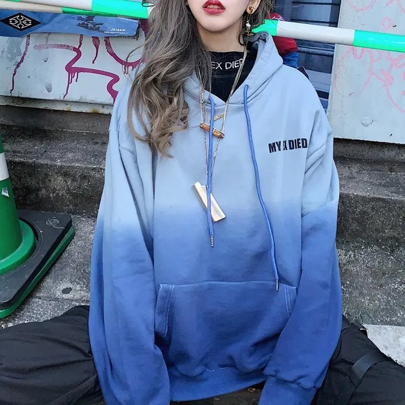 Gradient Pastel Colors Letter Embroidery Oversized Hoodie