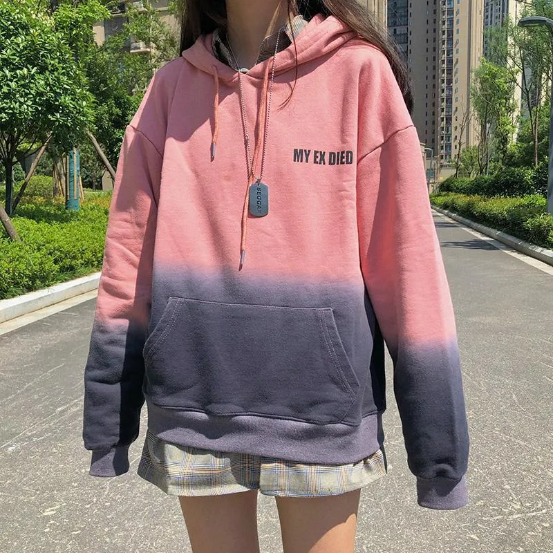 Gradient Pastel Colors Letter Embroidery Oversized Hoodie