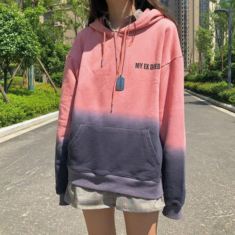 Gradient Pastel Colors Letter Embroidery Oversized Hoodie