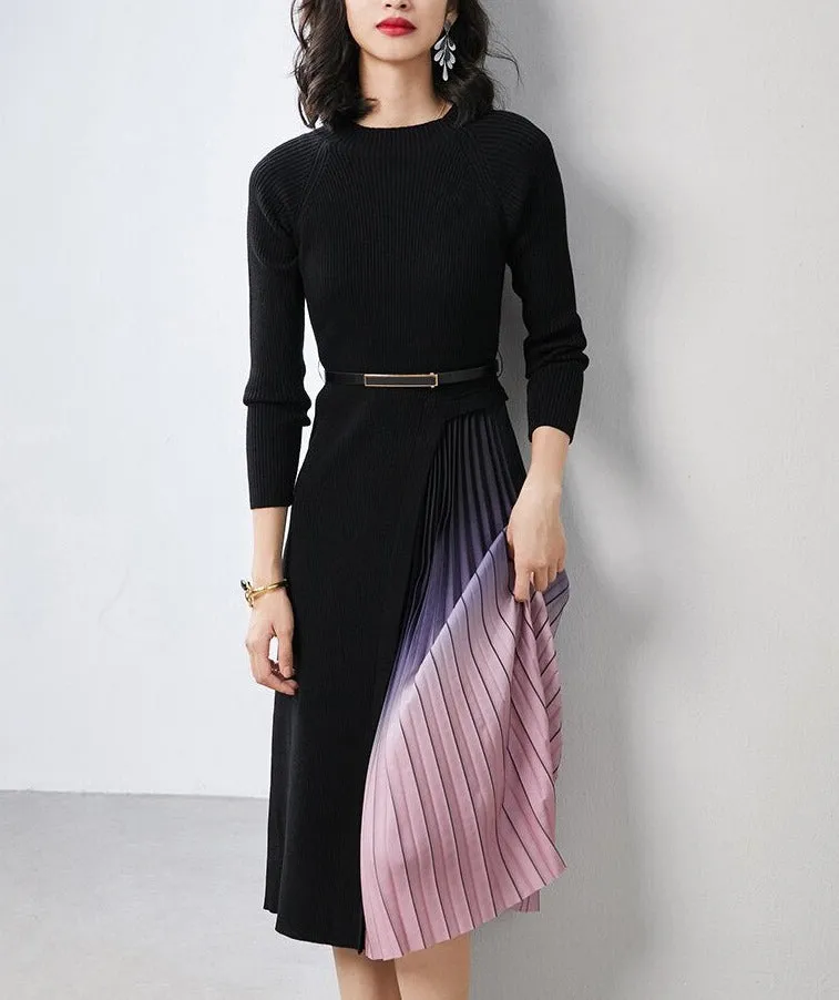 Gradient Pleated Splicing Belted Knit Dress