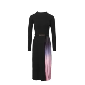 Gradient Pleated Splicing Belted Knit Dress