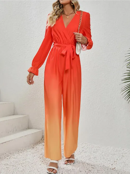 Gradient Tie Front Flounce Sleeve Jumpsuit